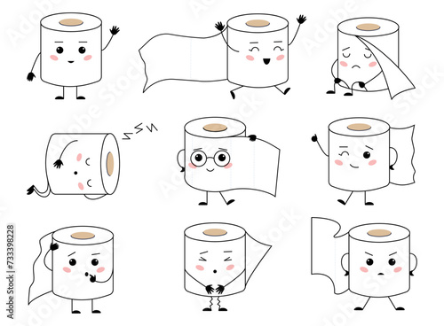 Toilet paper characters. Funny kawaii papers rolls with different emotions. Cute hygiene character, childish education mascots, decent vector set