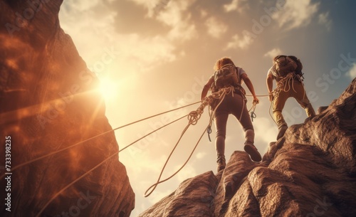 a middle aged couple climbing with ropes