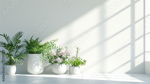  a row of potted plants sitting next to each other on a white floor in front of a white wall with a shadow cast on the side of the wall.