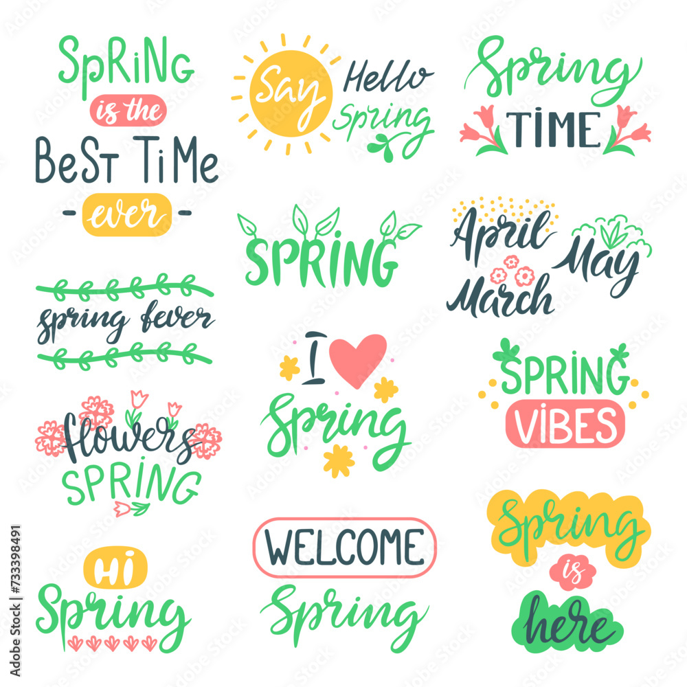 Hello spring quotes. Floral calligraphy springtime handwritten prints design. Positive phrases for stickers, postcards or posters, neoteric vector set