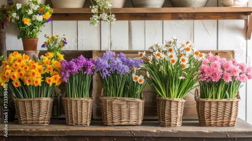  a bunch of flowers sitting in baskets on a shelf next to a shelf with vases of flowers on it and a shelf with pots of flowers in the background.