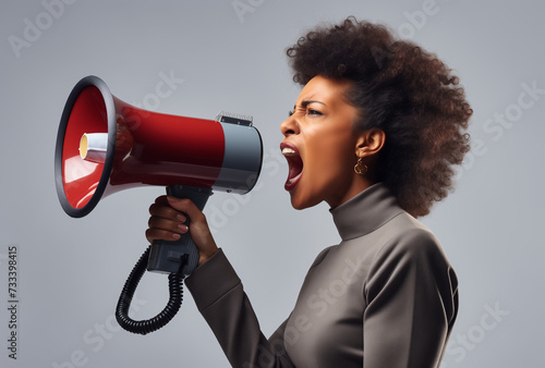 african young woman shouting with a megaphone