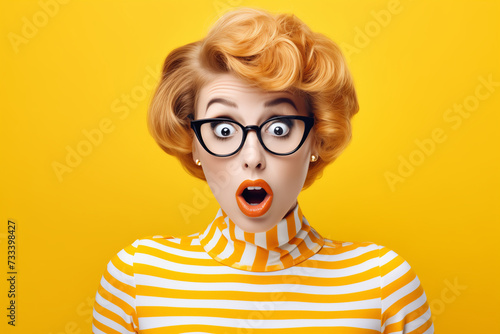 Suprised expression of young woman with glasses. Retro look in yellow tones. © Koray