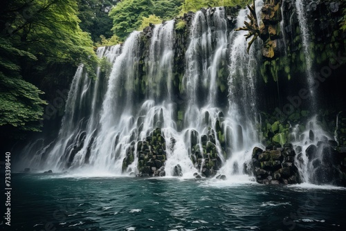 A powerful waterfall stands tall in the middle of a vast body of water  creating an impressive sight.