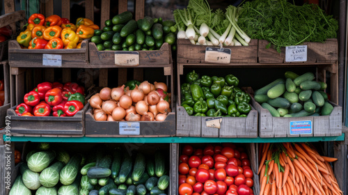 assortment of fresh vegetables neatly organized on a market stall photo