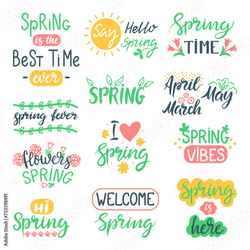 Hello spring quotes. Floral calligraphy springtime handwritten prints design. Positive phrases for stickers, postcards or posters, neoteric vector set
