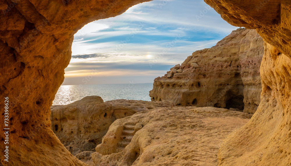 Stunning natural caves in the Algar seco cliffs, Carvoeiro, Lagoa, Algarve, Portugal.