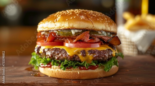 A juicy burger with all the fixings, melted cheese oozing from between layers of beef and toasted buns