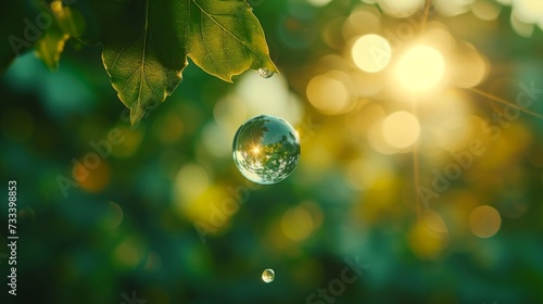A droplet suspended in midair, refracting light like a miniature crystal ball