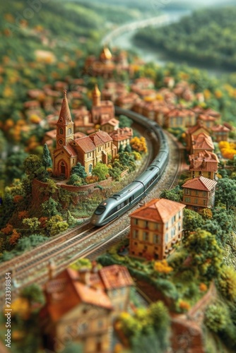 A high-speed railway locomotive is on its way through the city. 3d illustration