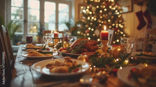 A festive holiday gathering, with friends and family gathered around a beauti...