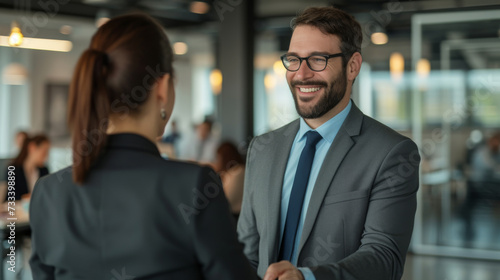 A bearded man in a suit with glasses is smiling and shaking hands with a colleague in a modern office environment.
