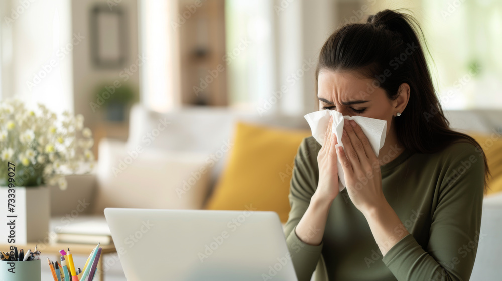 woman sitting at a desk in front of a laptop, blowing her nose into a tissue, possibly suffering from a cold or allergies, with a vase of flowers and a bright interior setting in the background. woman sitting at a desk in front of a laptop, blowing her nose into a tissue, possibly suffering from a cold or allergies, with a vase of flowers and a bright interior setting in the background.