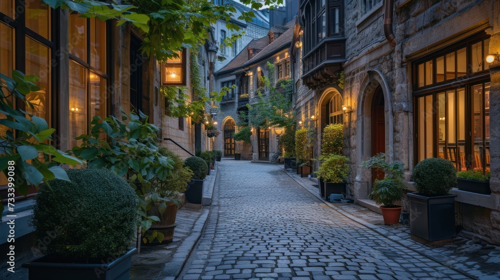  a cobblestone street with potted plants on either side of it and a building on the other side of the street lit up by street lamps at night.