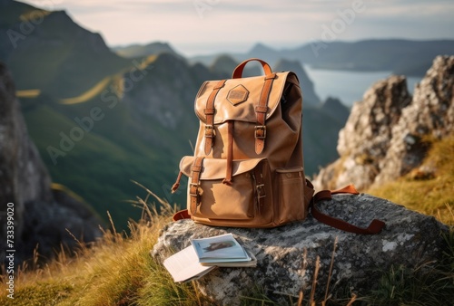 a hiking backpack and an open book sit up high near the mountain