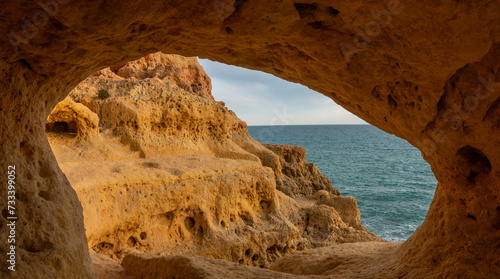 Surreal seascapes with natural caves  tidal pools and trails in the Algar seco cliffs  Carvoeiro  Lagoa  Algarve  Portugal.