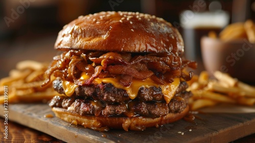 A juicy burger with all the fixings, melted cheese oozing from between layers of beef and toasted buns