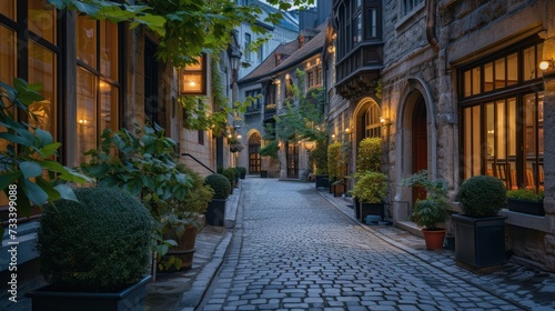  a cobblestone street with potted plants on either side of it and a building on the other side of the street lit up by street lamps at night. © Anna