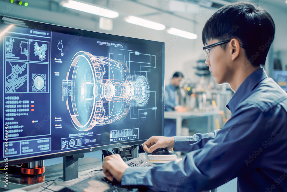 Asian Man Working on Computer with Mechanical Blueprint in Industrial Setting Asian Man Working on Computer with Mechanical Blueprint in Industrial Setting