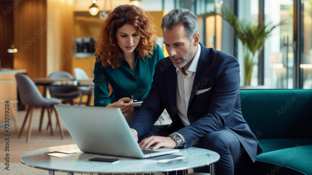 Fototapeta premium Two professionals are engaged in a focused discussion over a laptop at a meeting table, with one taking notes, in a modern and elegant corporate setting.