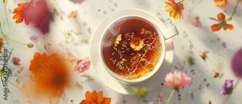 a cup of tea and flowers with some herbs floating around