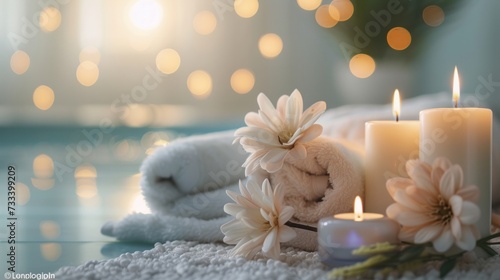 A luxurious spa retreat, with plush robes and candles creating an atmosphere ...