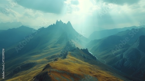 A dramatic landscape shot of a rugged mountain range, inspiring adventure and...