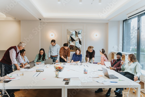 A dynamic business meeting in progress with a group of people collaborating and brainstorming ideas around a large table in a bright, modern office environment. photo