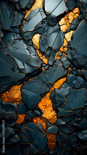 Abstract Volcanic Rocks Fragmented with Golden Lava Lines.