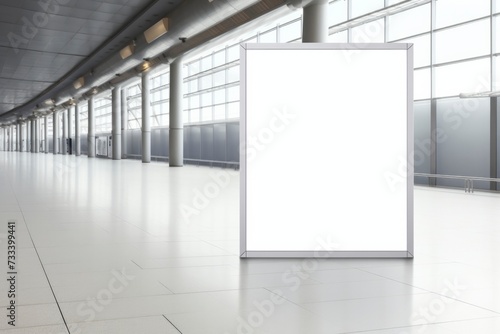 Spacious Airport Hall with Empty Vertical Advertising Banner.