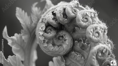 A detailed close-up of a fern's delicate fronds, unfurling gracefully and sho...