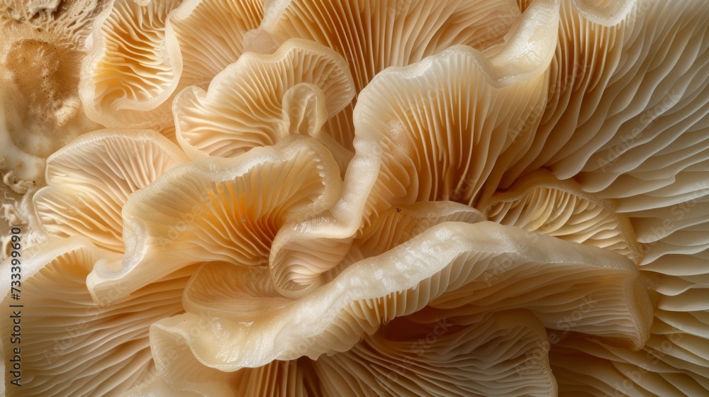 A detailed image of a mushroom's gills, displaying their intricate pattern and texture in mesmerizing detail A detailed image of a mushroom's gills, displaying their intricate pattern and texture in mesmerizing detail