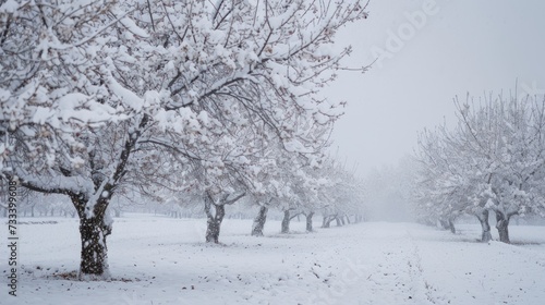  a row of trees covered in snow next to a field with snow on the ground and one tree in the foreground and one tree in the foreground with snow on the ground.