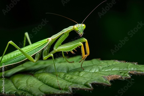 A macro photograph of a praying mantis perched on a leaf