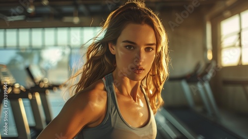 A focused young woman in athletic attire is running on a treadmill in a contemporary gym