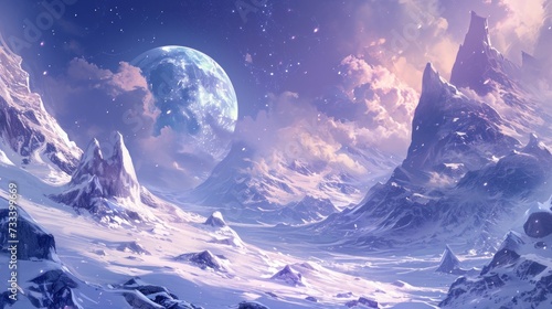  a painting of a snowy landscape with mountains and a planet in the distance with stars and clouds in the sky, with a bright blue moon in the middle of the sky.