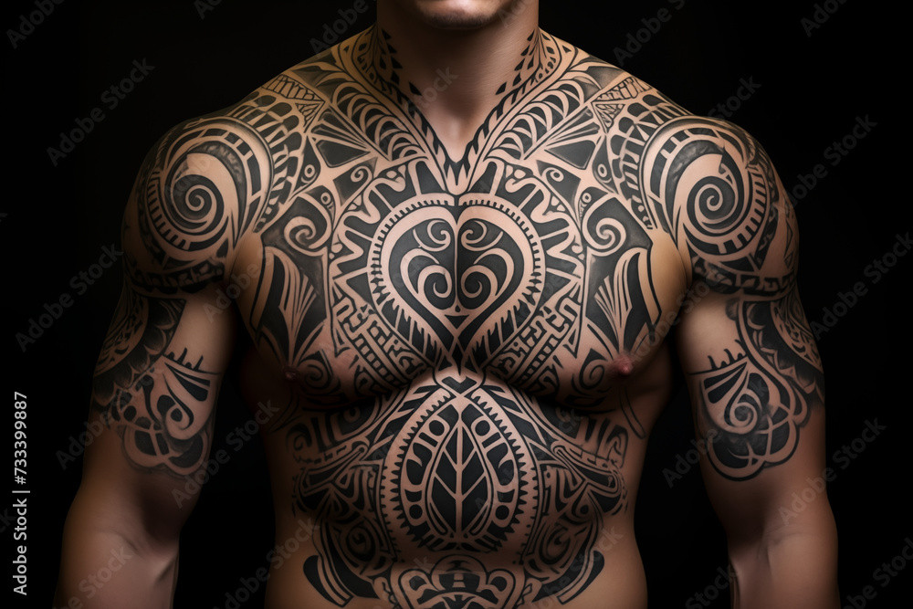 Black tribal tattoo on skin. Black tribal tattoo on chest. Men's tattoo ...