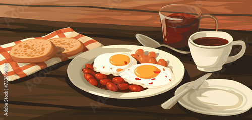 illustration of breakfast on a wooden table with sunlight