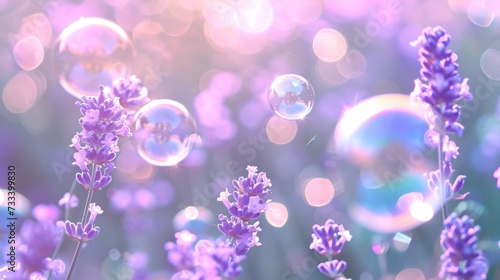  a bunch of soap bubbles sitting on top of a purple flower covered in a lot of purple flowers next to a blurry background of soap bubbles in the air. © Anna