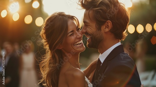A joyful moment captured at a wedding celebration, with smiles and laughter a...
