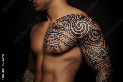 Black tribal tattoo on skin. Black tribal tattoo on chest. Men's tattoo, tribal. Tribal tattoo. Tattoo ideas for men. Tattoo parlor. Tattoo artist profession.​