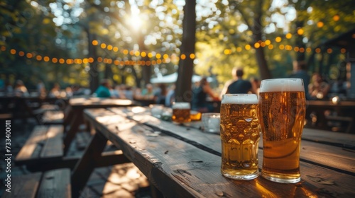A lively beer garden, with long wooden tables and steins of beer clinking together in celebration