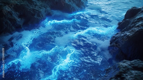 a large body of water next to a rocky cliff with a blue substance in the middle of the water on the right side of the cliff is a large body of water.