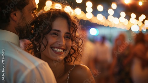 A joyful moment captured at a wedding celebration, with smiles and laughter a...
