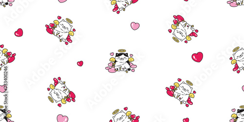 cat seamless pattern cupid angel heart valentine vector fat kitten calico munchkin neko pet cartoon doodle tile background gift wrapping paper illustration repeat wallpaper isolated design