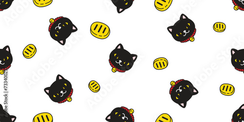 cat seamless pattern lucky cat manekineko vector kitten calico gold coin munchkin neko pet cartoon doodle tile background gift wrapping paper illustration repeat wallpaper isolated design