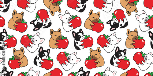 dog seamless pattern french bulldog apple vector fruit puppy pet doodle cartoon tile background gift wrapping paper repeat wallpaper illustration scarf isolated design photo