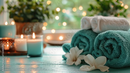  a couple of towels sitting on top of a table next to a vase with flowers and candles in front of a window with a lit up christmas tree in the background.