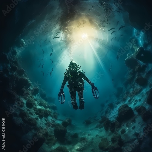 Serene Underwater Exploration with Scuba Diver Amidst Sun Rays