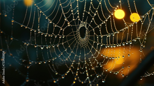  a close up of a spider web with drops of dew on the spider's web, with a blurry background of a yellow car in the foreground.